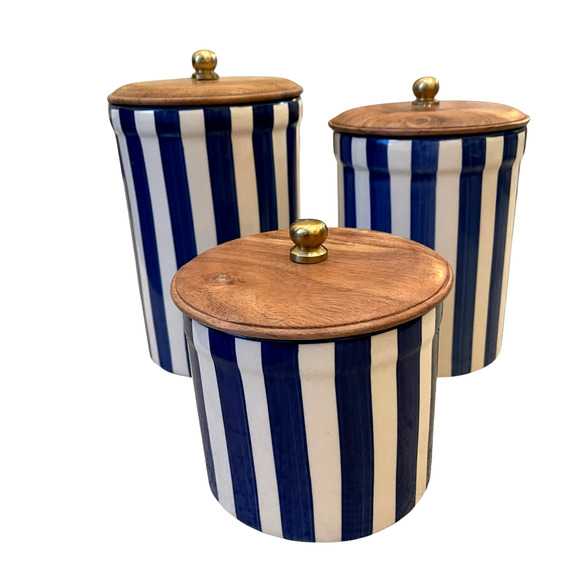 Hand Painted Striped Ceramic Canister w/ Wood Lid Made in India Blue Cream 8" - Picture 15 of 15